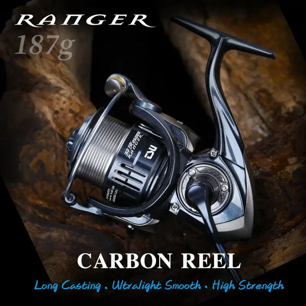 Carbon long casting spinning reel with black spool and graphite handle