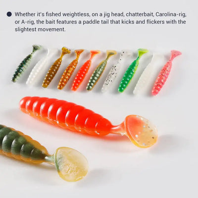 Assorted ribbed silicone swimbait lures with jig heads, multiple colors with rounded paddle tails