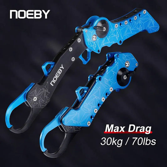 Blue and black collapsible fish lip grip with one-hand trigger, Noeby, 30kg max