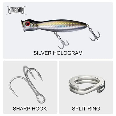 Silver hologram floating popper fishing lure with sharp treble hooks and split ring.