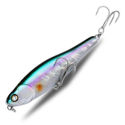 Surface fishing pencil lure with two treble hooks, iridescent silver and teal rainbow sheen