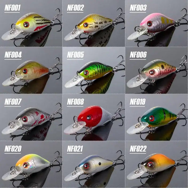 Set of floating crankbait lures with different color bodies, treble hooks, clear lips