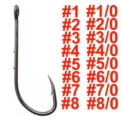 Barbed offset bait fishing hooks size chart: #1–#8 and #1/0–#8/0
