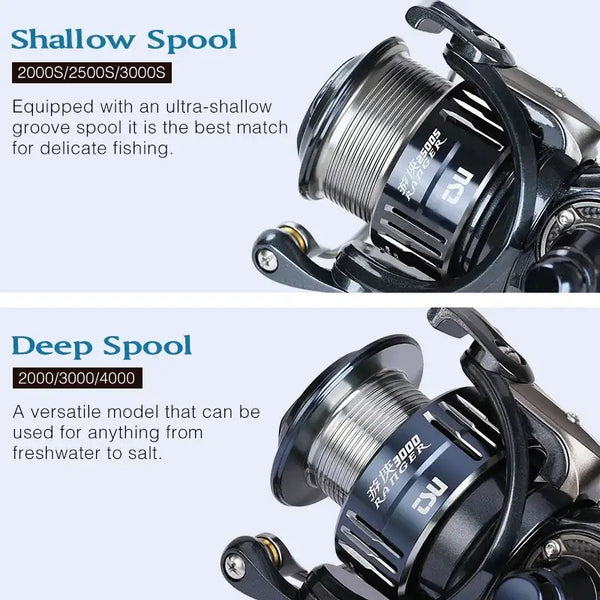 Spinning reel close-up with silver spool and black rotor
