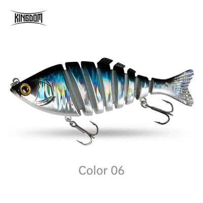 Fishing lure swimbait, blue iridescent scales, dark back, white belly, 3 treble hooks