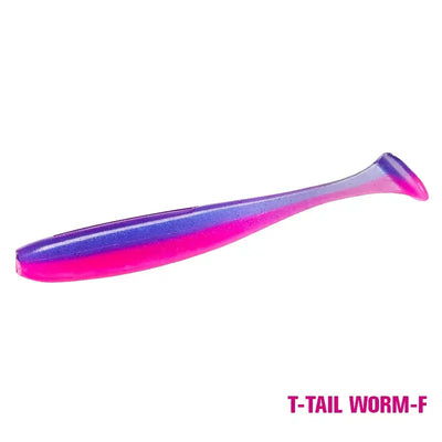 Artificial soft T-tail lure, purple-to-pink with shiny glitter speckles