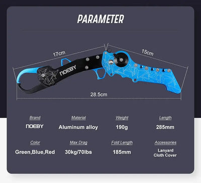 Foldable blue aluminum fish lip grip shown with length and fold-size diagram