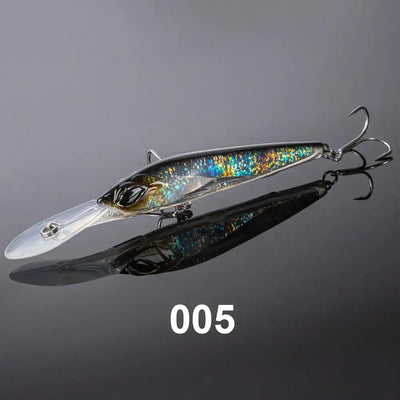Shimmering blue-gold trolling minnow lure with dark black body, two treble hooks