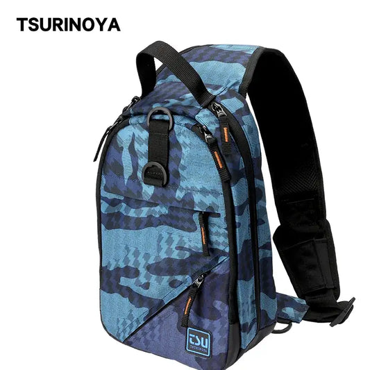 Blue camouflage fishing tackle shoulder bag with black straps and front zip pockets