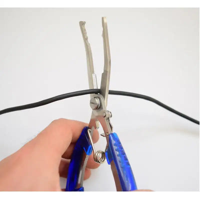 Blue-handled fishing line cutting pliers with stainless steel jaws