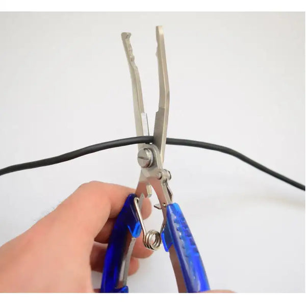 Blue-handled fishing line cutting pliers with stainless steel jaws