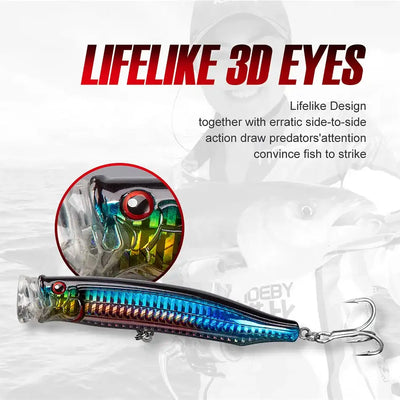 Blue and yellow topwater lure with lifelike 3D-style eyes and clear front body
