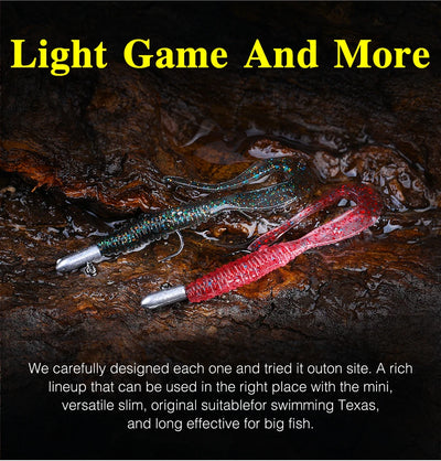 Blue-silver and red soft plastic worm lures with metal hook tips.