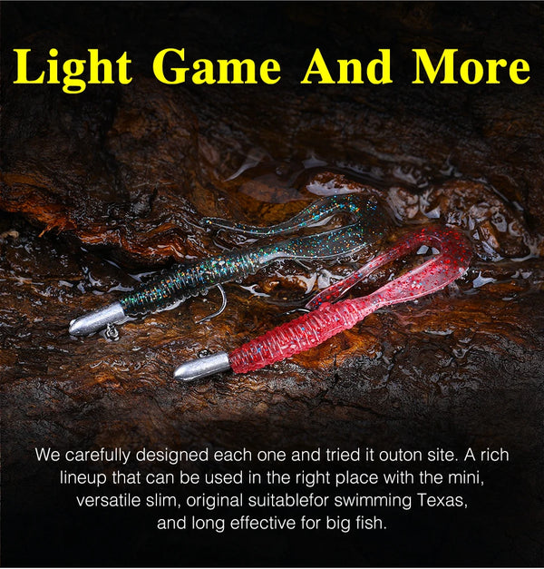 Blue-silver and red soft plastic worm lures with metal hook tips.
