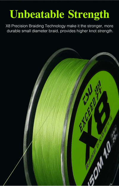 Bright green braided PE fishing line shown on two stacked spools