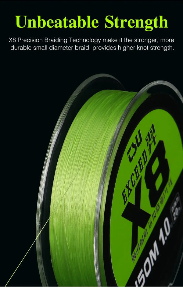 Bright green braided PE fishing line shown on two stacked spools