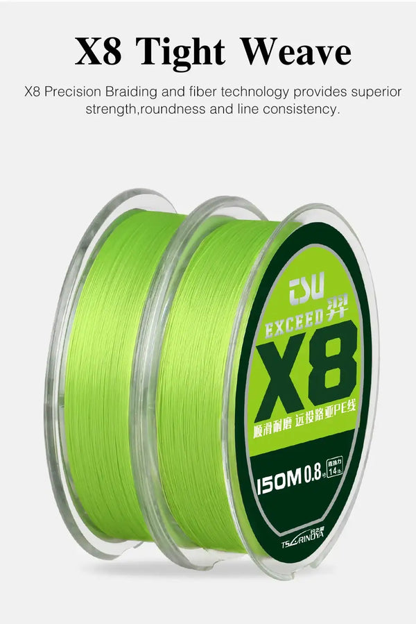 Green X8 braided fishing line spool with EXCEED label and 150m marking