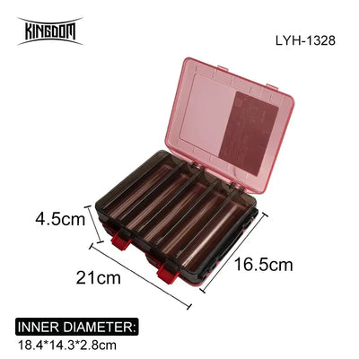Red plastic lure storage box open, multiple ridged compartments, LYH-1328