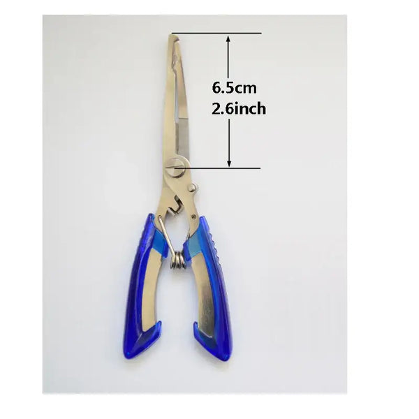 Blue-handled fishing line cutting pliers with stainless steel jaws