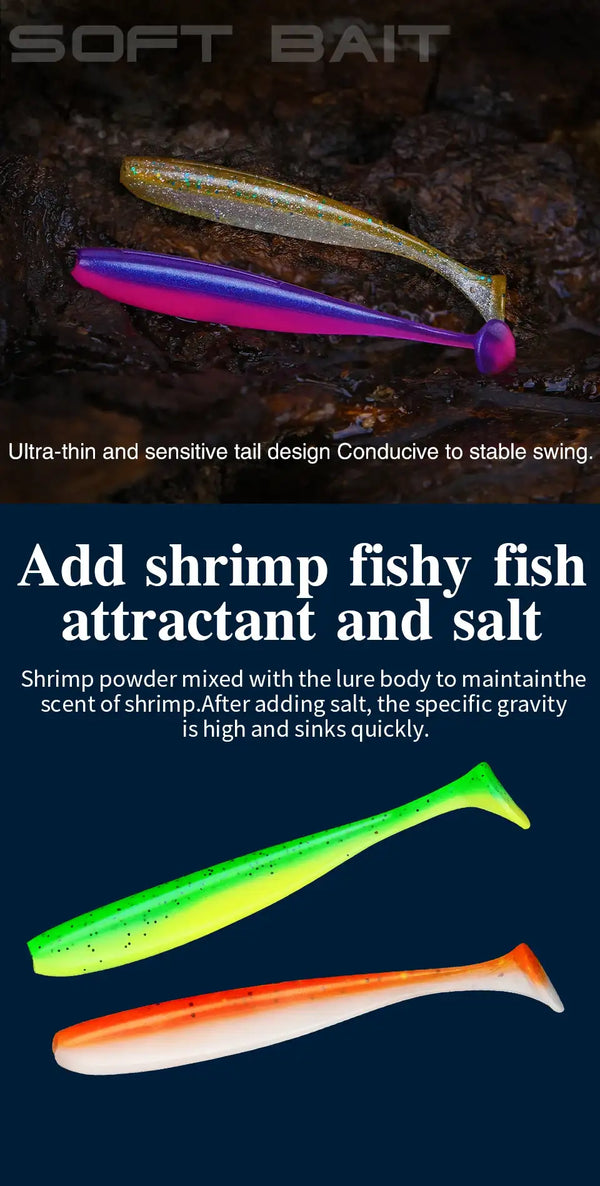 Soft bait worms, yellow and pink with purple tail accents on a dark rock