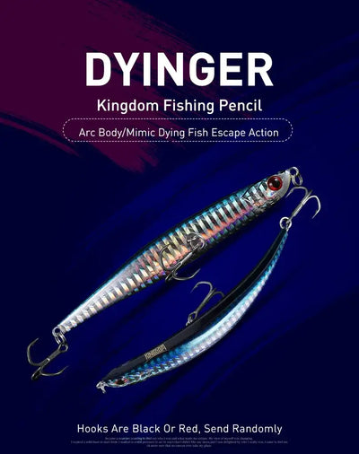 Floating pencil jerkbait with blue-silver striped body, red eye, and treble hook