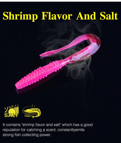 63mm soft plastic worm lure, pink shrimp-style with speckled detail