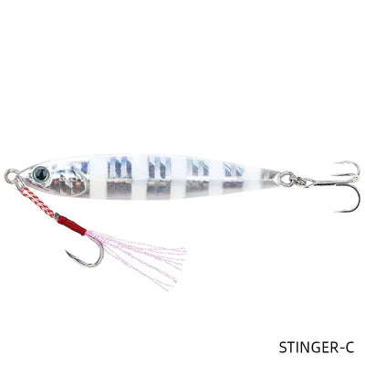 Metal fishing jig lure in white with blue stripes and red thread skirt, double hooks