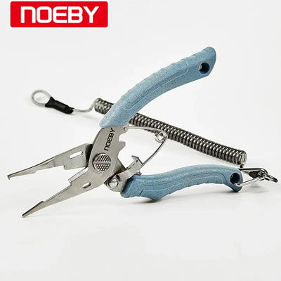 Blue mini split ring pliers with stainless steel jaws, line cutter spring, and finger loop