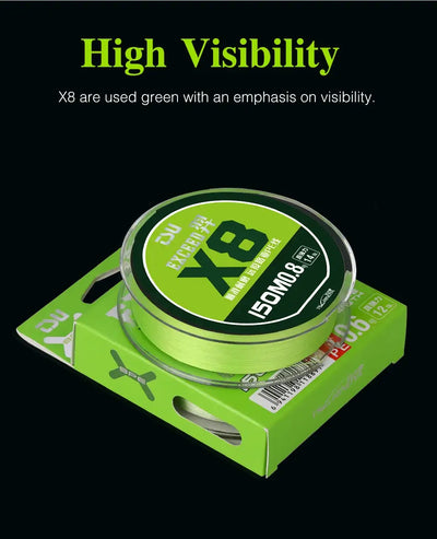 Bright green PE braided fishing line spool on a green retail display box