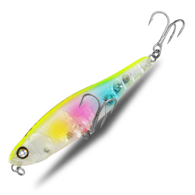 Topwater pencil fishing lure with yellow-green and white finish, treble hooks and split ring