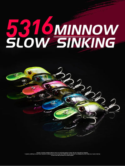 Set of slow-sinking minnow lures in multiple colors, arranged in a lineup.