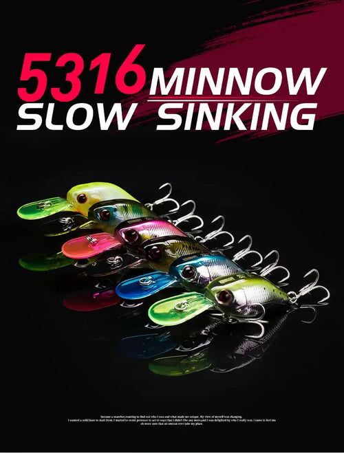 Set of slow-sinking minnow lures in multiple colors, arranged in a lineup.