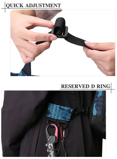 Blue camo tackle bag with adjustable webbing strap buckle and D-ring attachment point