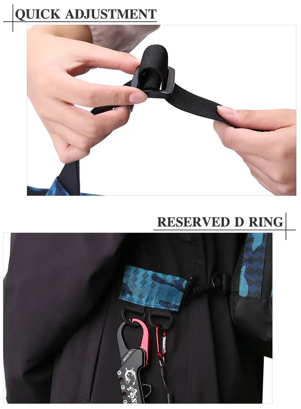 Blue camo tackle bag with adjustable webbing strap buckle and D-ring attachment point