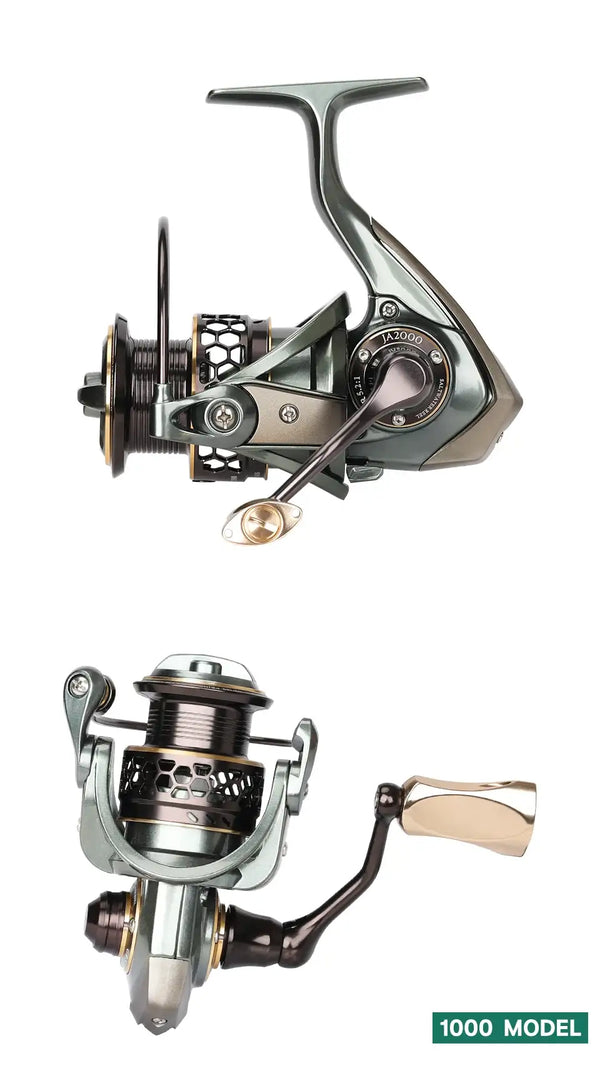 Spinning reel in silver and black with gold handle knob and open spool
