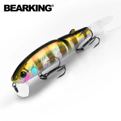 Jointed hard-body minnow lure, golden yellow and blue scale pattern, 2 treble hooks