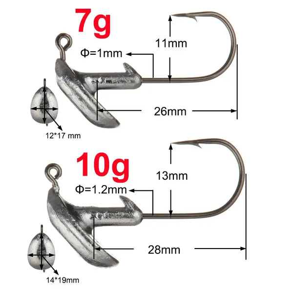 7g lead head jig hook with 1mm eye, measured body and curved steel hook