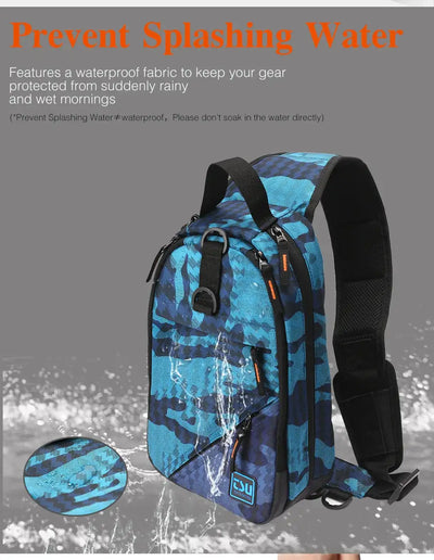 Blue camouflage fishing tackle bag with water-shedding fabric and sealed zipper area