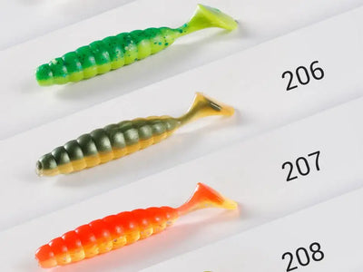 Ribbed silicone swimbait lure options 206–208 in green, olive, and orange-red tones