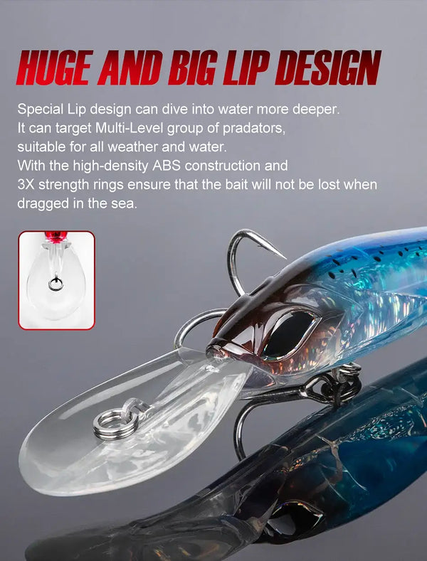 Blue trolling minnow lure with large clear lip and treble hooks