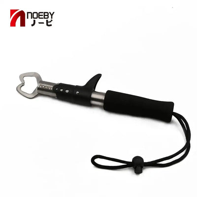 Black fishing hook remover pliers with silver jaw and black lanyard cord