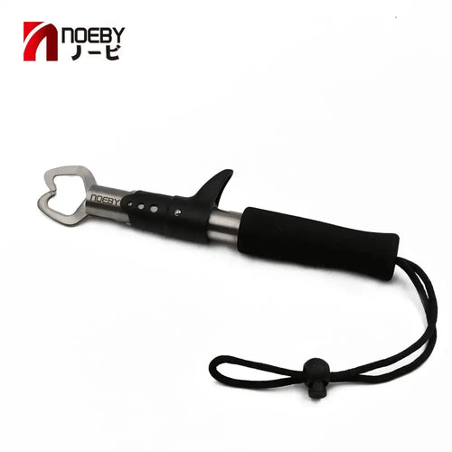 Black fishing hook remover pliers with silver jaw and black lanyard cord