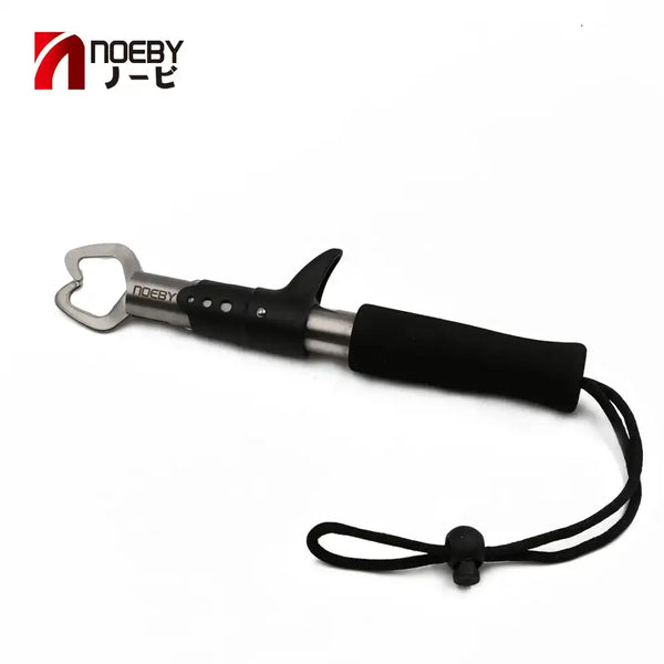 Black fishing hook remover pliers with silver jaw and black lanyard cord