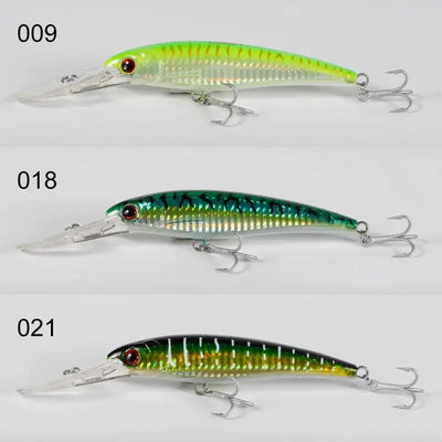 Trolling minnow wobbler 3-pack with lime green, teal-green, and black-yellow lures