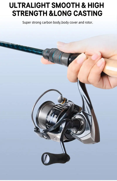 Ultralight spinning reel with black rotor and silver line spool, held in hand