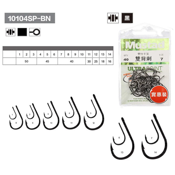 Mustad beak fishing hook variety pack with black hooks and size chart