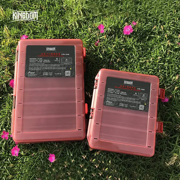 Two red PP fishing tackle boxes with front labels, hinged covers closed side-by-side