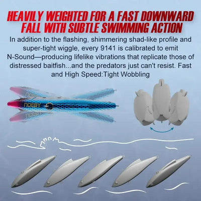 Blue lipless crankbait lures with treble hooks shown in a lineup