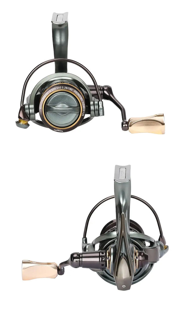 Spinning reel front and side views with silver rotor and tan handle grip