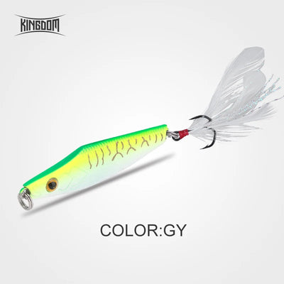 Metal jig lure in chartreuse and white with black patterning, gold eye, and white feather tail